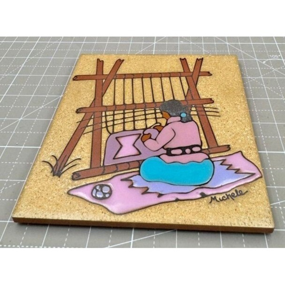 Vintage Southwestern Ceramic Tile Woman Weaving Rug signed Italy 5 7/8"